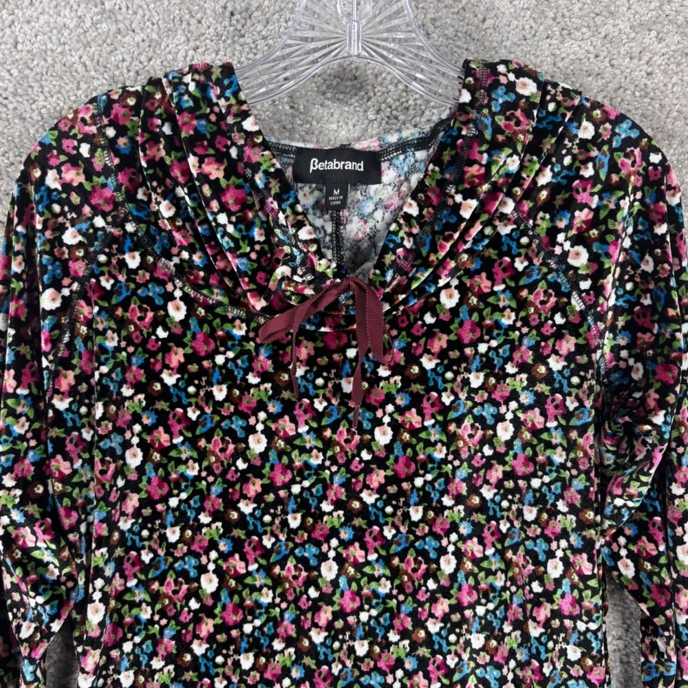 Betabrand Womens Floral Velvet Hooded Tunic Dress Black Pink Blue Size M W0213